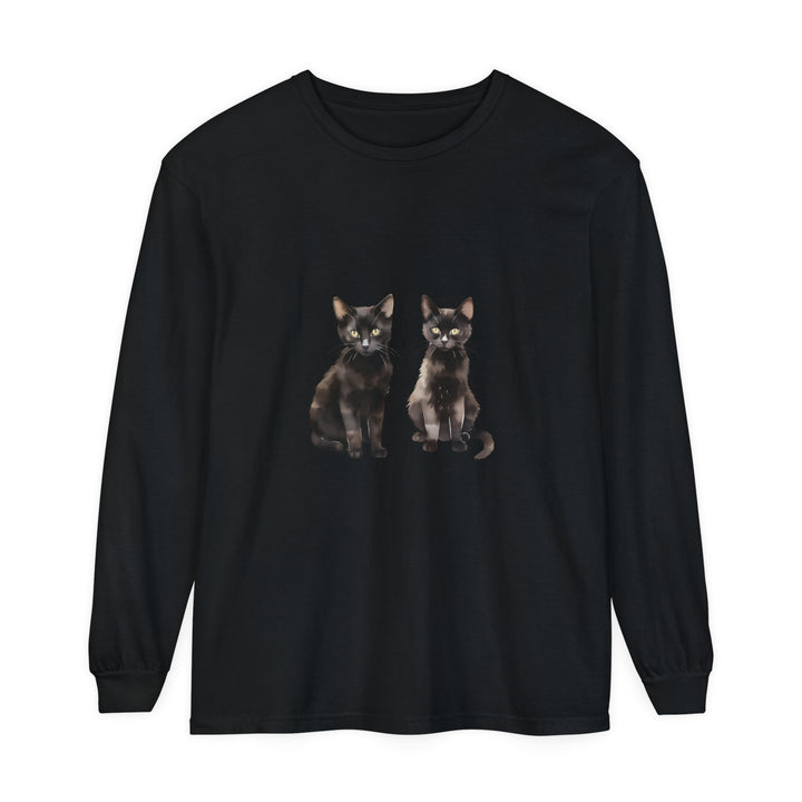 Long sleeve black t-shirt with watercolor art of a cat