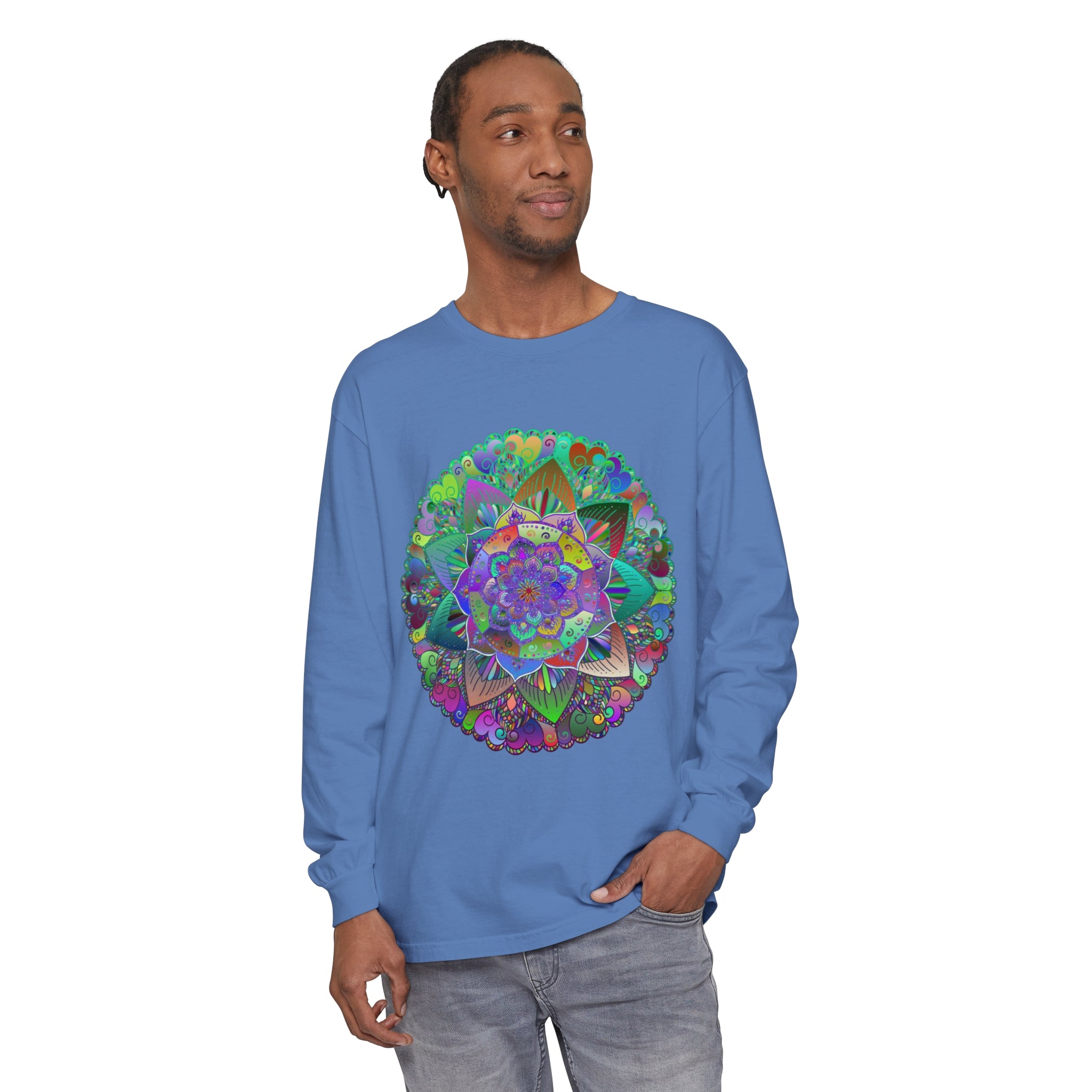 Vibrant Mandala Long Sleeve T-Shirt - Unisex, featuring a colorful and intricate mandala design, perfect for both men and women