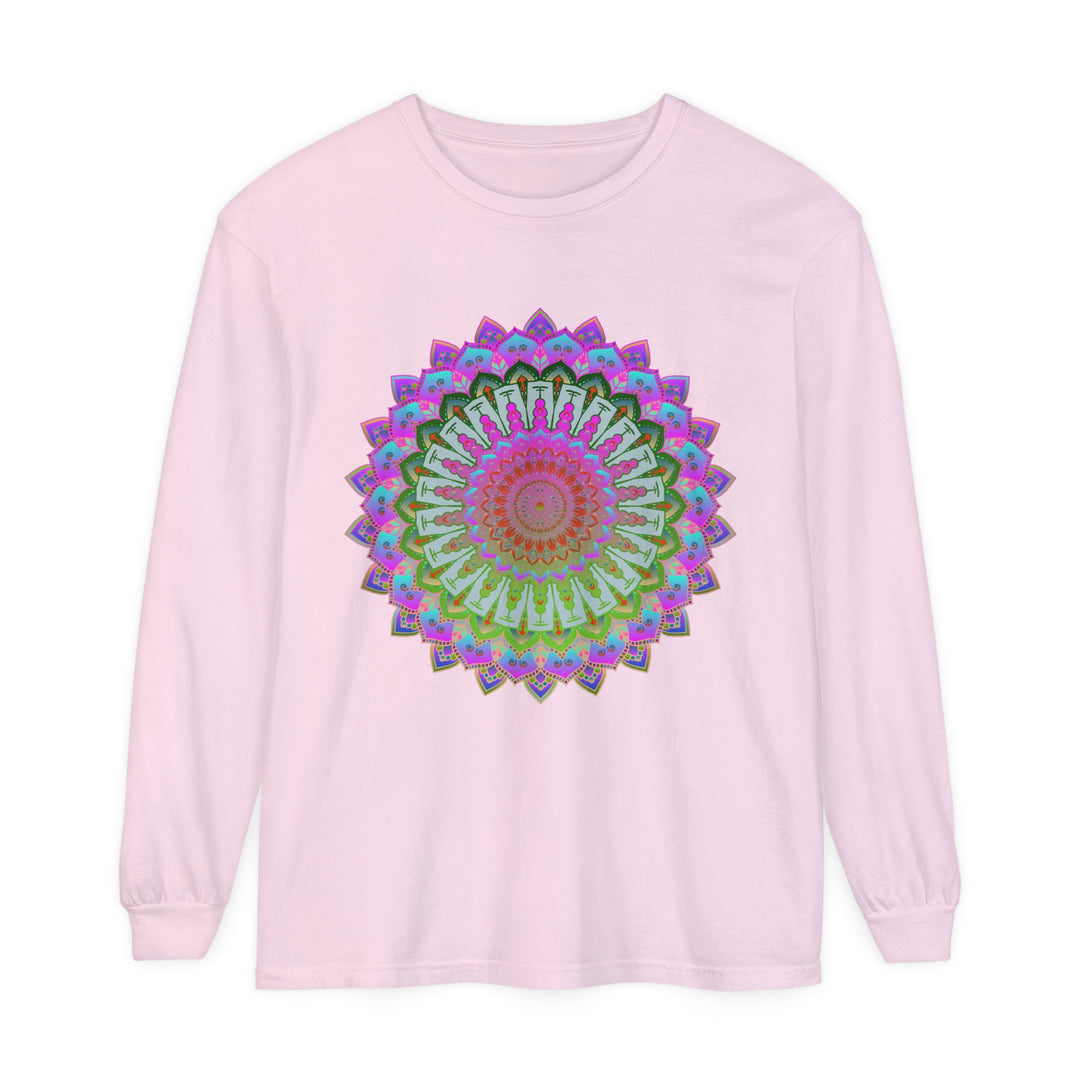 Colorful and intricate mandala design on a unisex long sleeve t-shirt