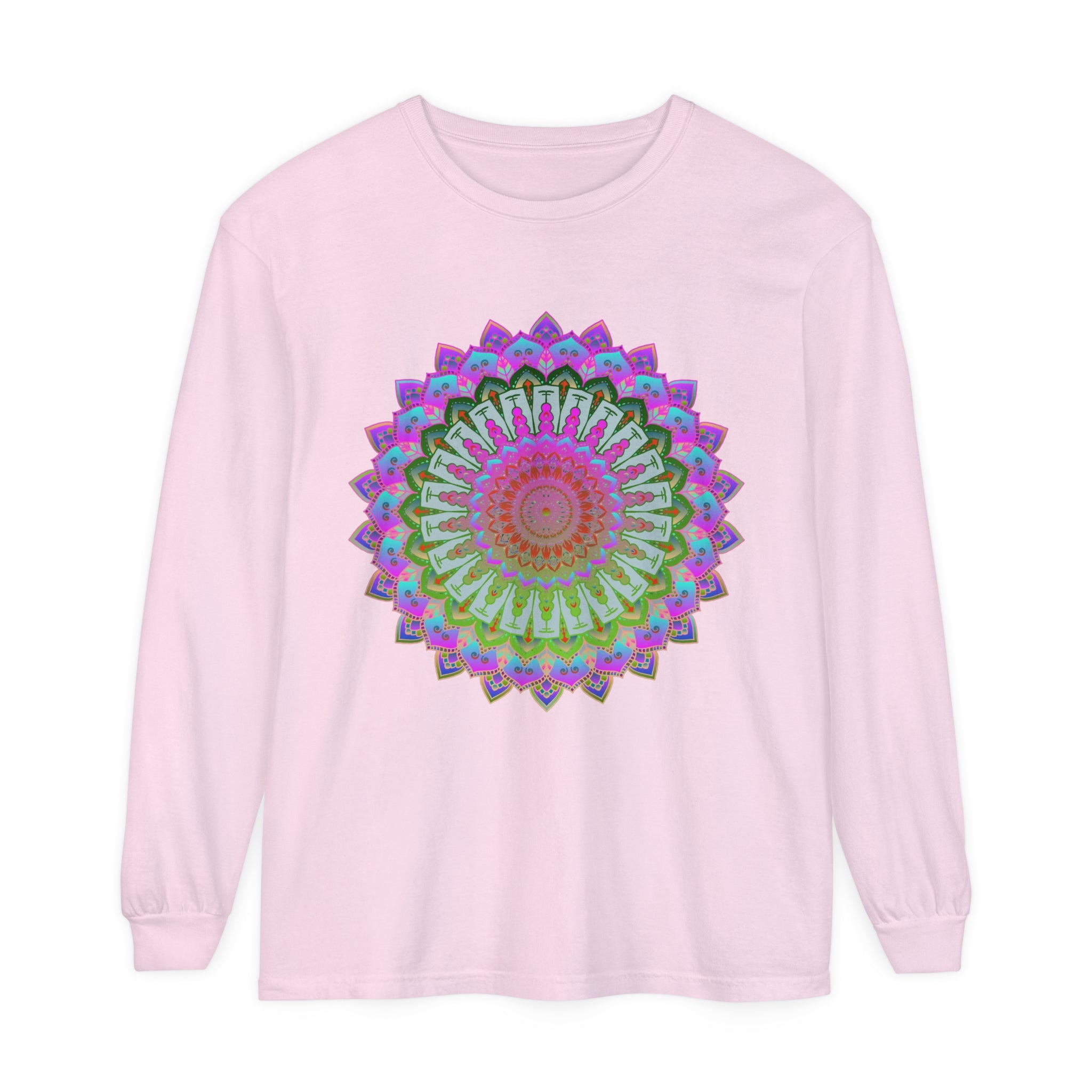 Colorful and intricate mandala design on a unisex long sleeve t-shirt
