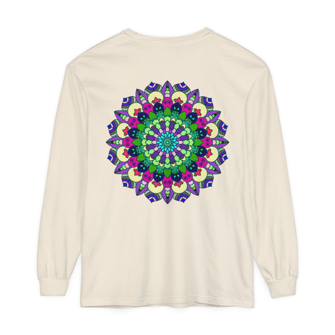 Colorful and intricate mandala design long sleeve t-shirt, suitable for both men and women, available in vibrant and eye-catching colors