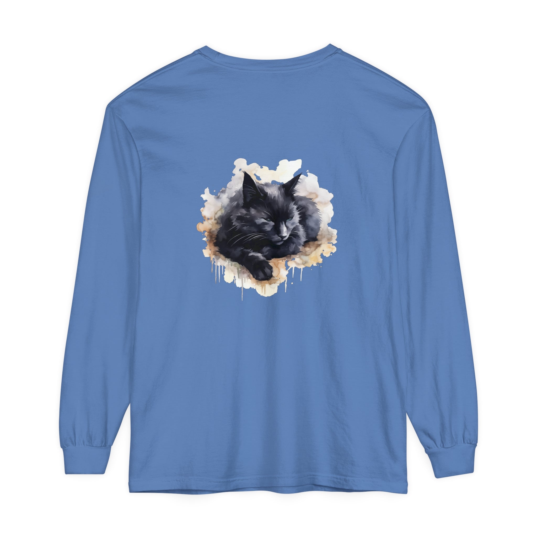 Beautiful watercolor illustration of a sleeping black cat, printed on a high-quality t-shirt