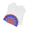 Vibrant and intricate mandala design featured on a colorful geometric t-shirt