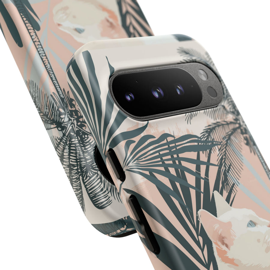Tropical Cat Phone Case with Lush Palm Motifs and Soft Pastels
