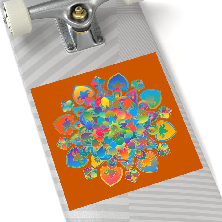 Hand-Drawn Mandala Laminate Stickers – Gold, Red, and Green on Burnt Orange