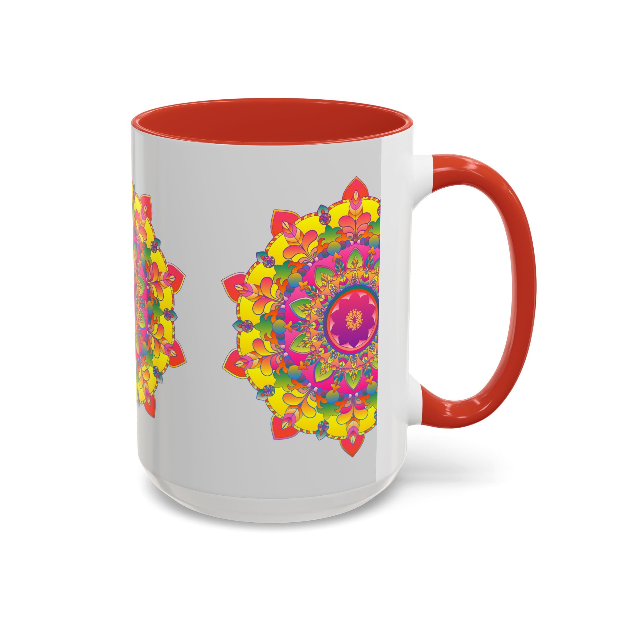 A grey ceramic mug featuring a vibrant mandala design, perfect for enjoying your favorite hot beverages in style