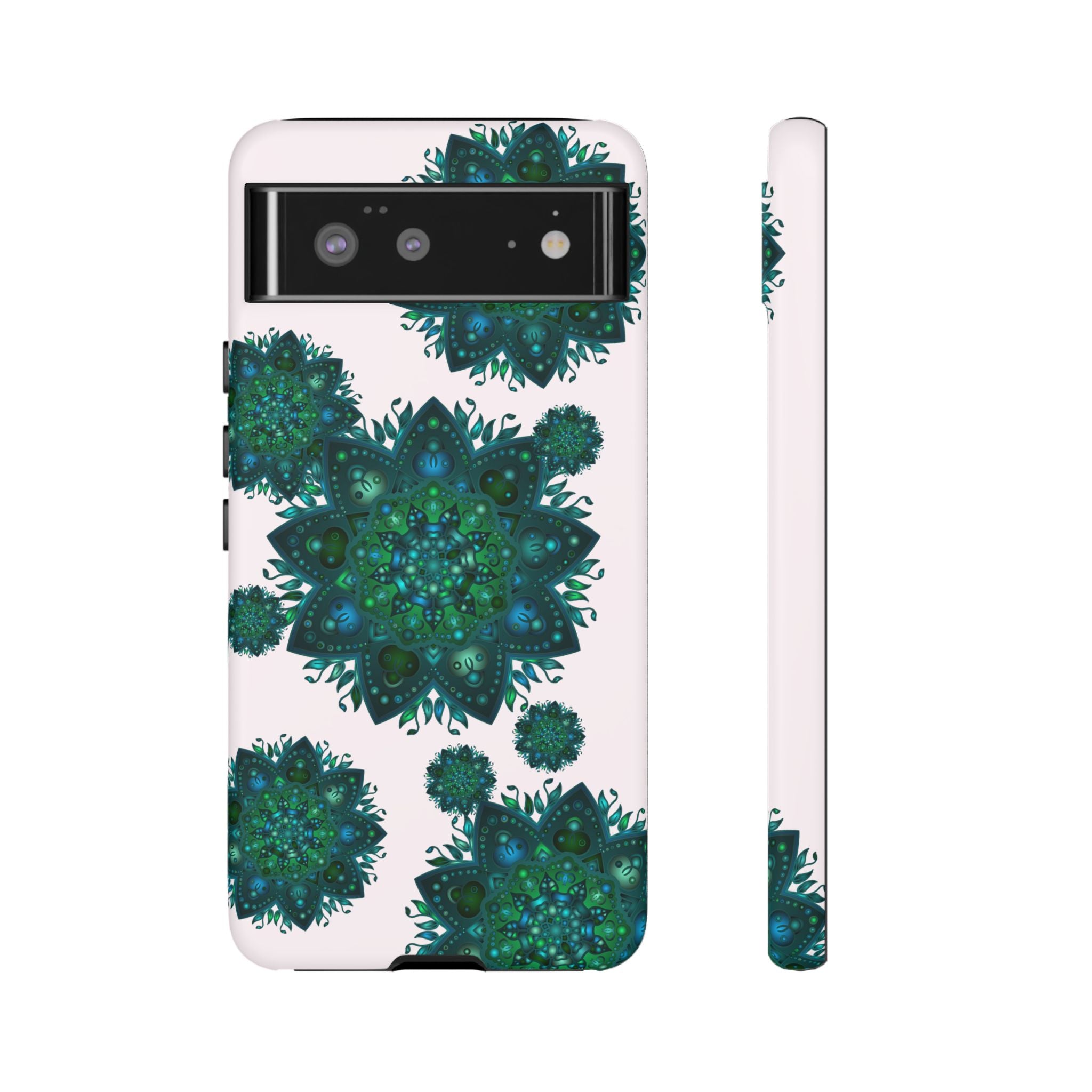 Beautiful light pink and green mandala phone case with a peaceful and intricate design