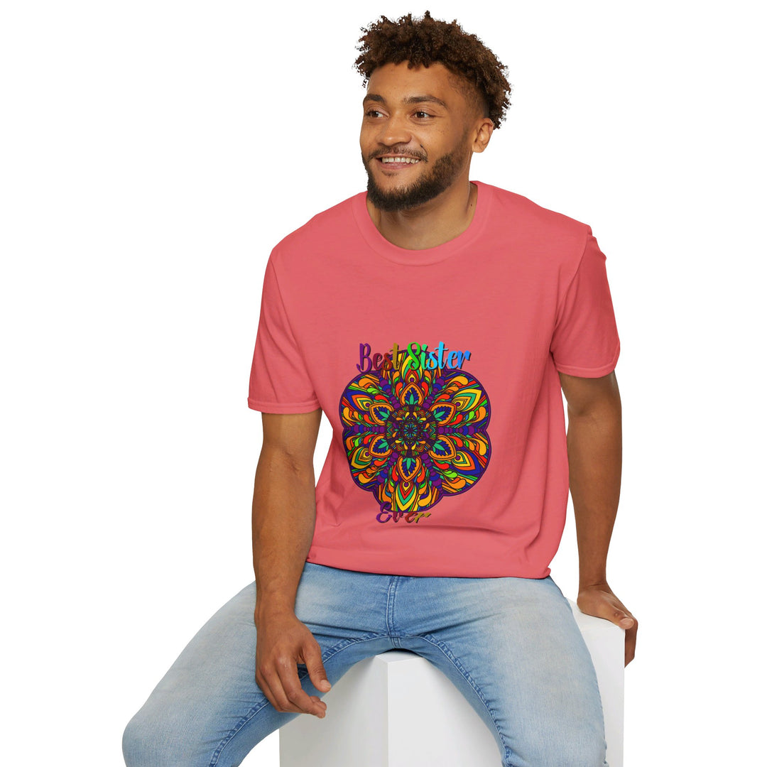 Softstyle unisex t-shirt featuring a hand-drawn mandala art design, perfect as a gift for your sister