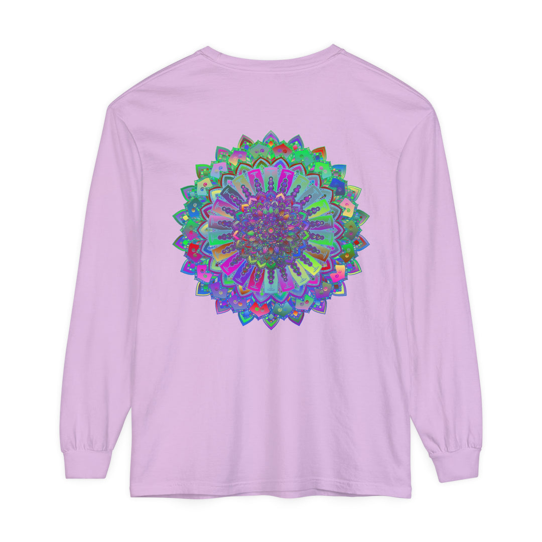 Colorful and intricately designed long sleeve t-shirt featuring a vibrant mandala pattern