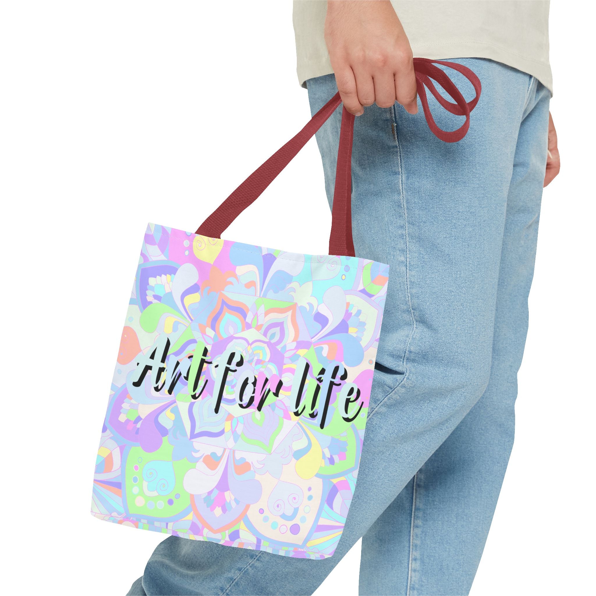 Colorful Mandala Tote Bag with 'Art for Life' Quote, perfect for carrying books, groceries, and more, adding style and functionality to your everyday look