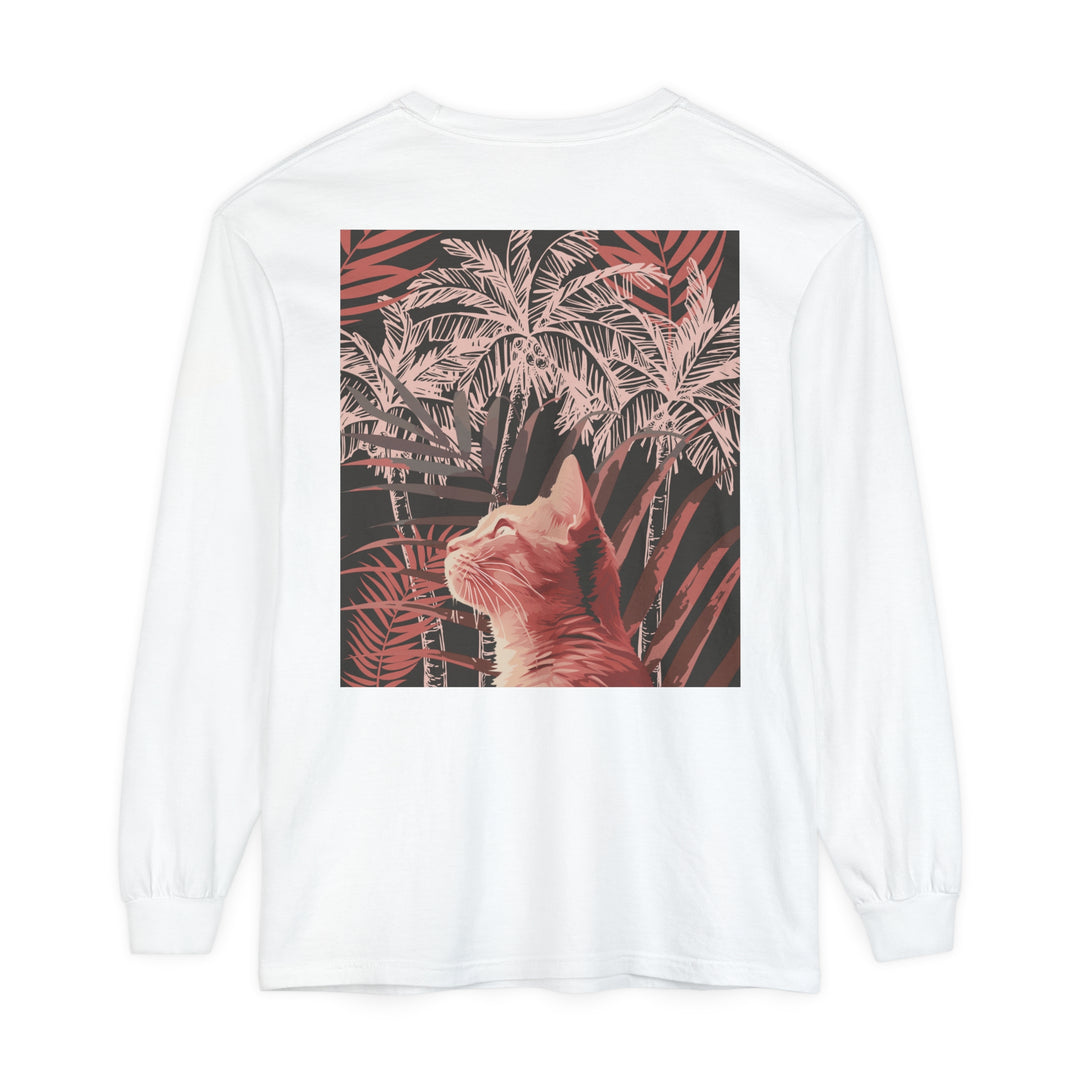 White t-shirt featuring a cute ginger cat and palm tree design