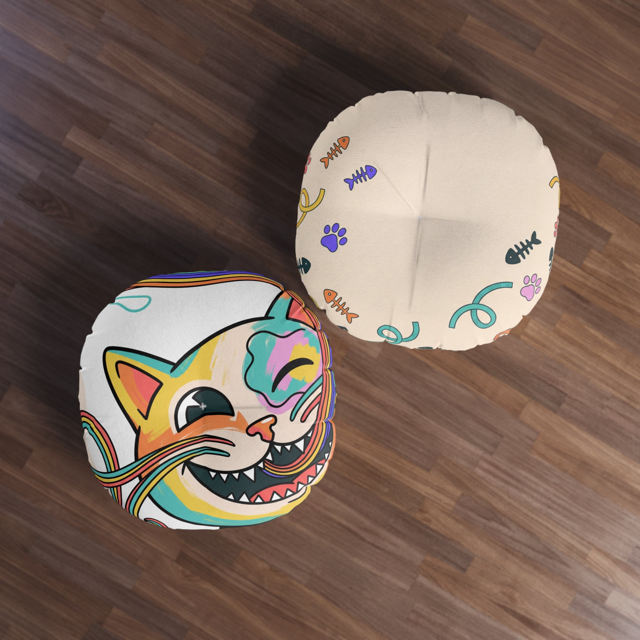 Round Tufted Floor Pillow — Grinning Rainbow Cat Cartoon with Paw Icons