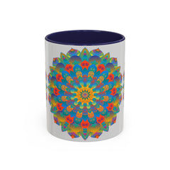 Handcrafted ceramic mug featuring a vibrant mandala art design in yellow, orange, and blue colors
