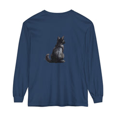 Black Cat Mystery unisex long sleeve tee featuring a mysterious black cat design