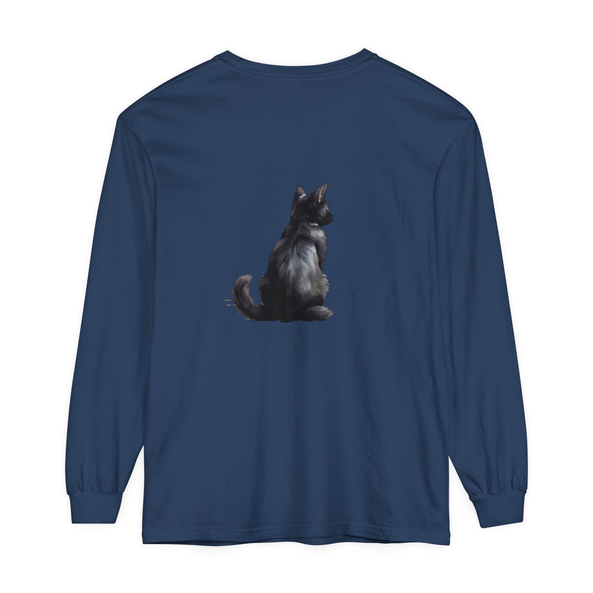 Black Cat Mystery unisex long sleeve tee featuring a mysterious black cat design