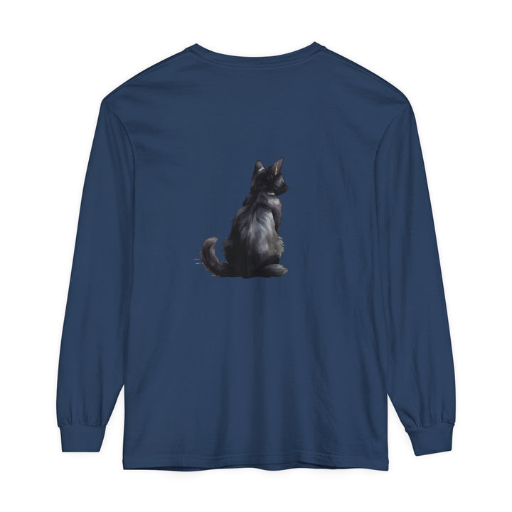 Black Cat Mystery unisex long sleeve tee featuring a mysterious black cat design