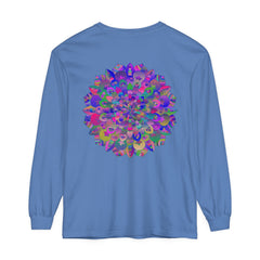 Colorful and intricate mandala design adorns this vibrant long sleeve t-shirt