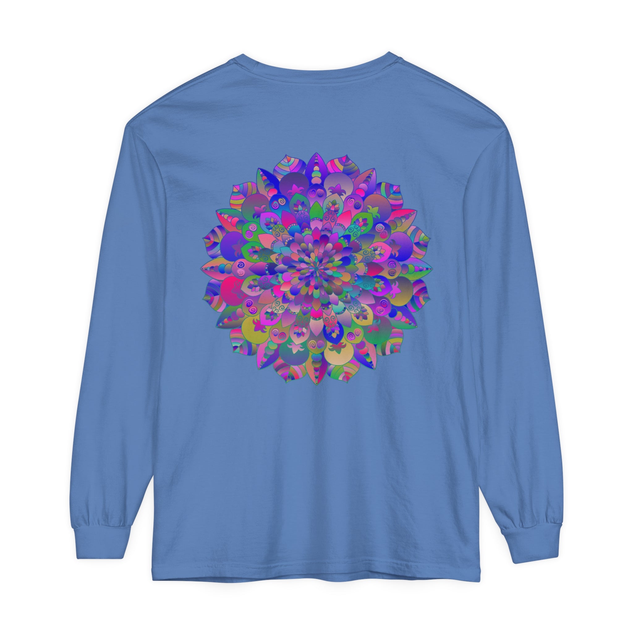 Colorful and intricate mandala design adorns this vibrant long sleeve t-shirt