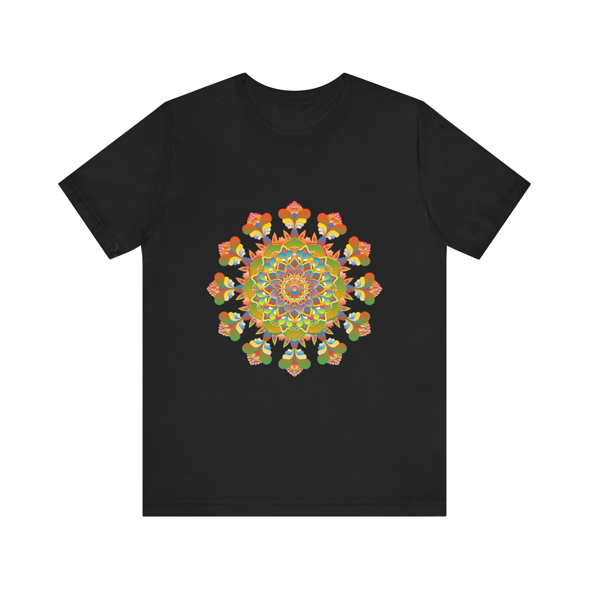 Vibrant mandala tee featuring intricate and colorful design, perfect for adding a pop of bold and lively style to your wardrobe