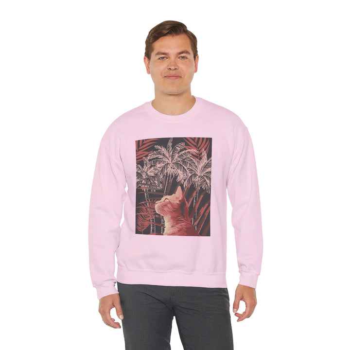 Cozy and stylish unisex heavy blend crewneck sweatshirt featuring a cat lounging under palm trees design