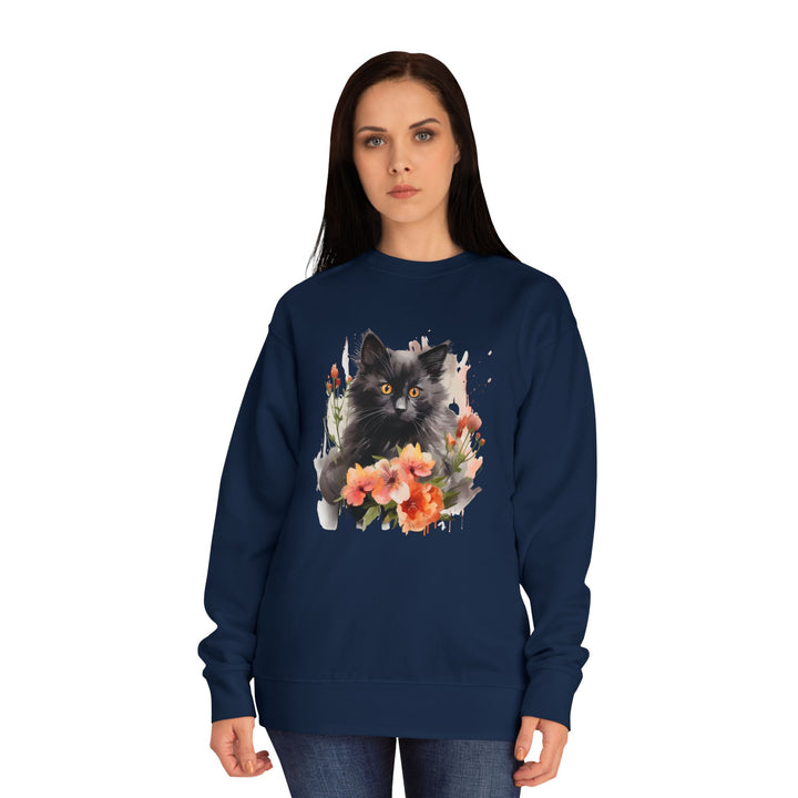 Black Cat and Blossoming Flowers Soft Cotton Sweatshirt