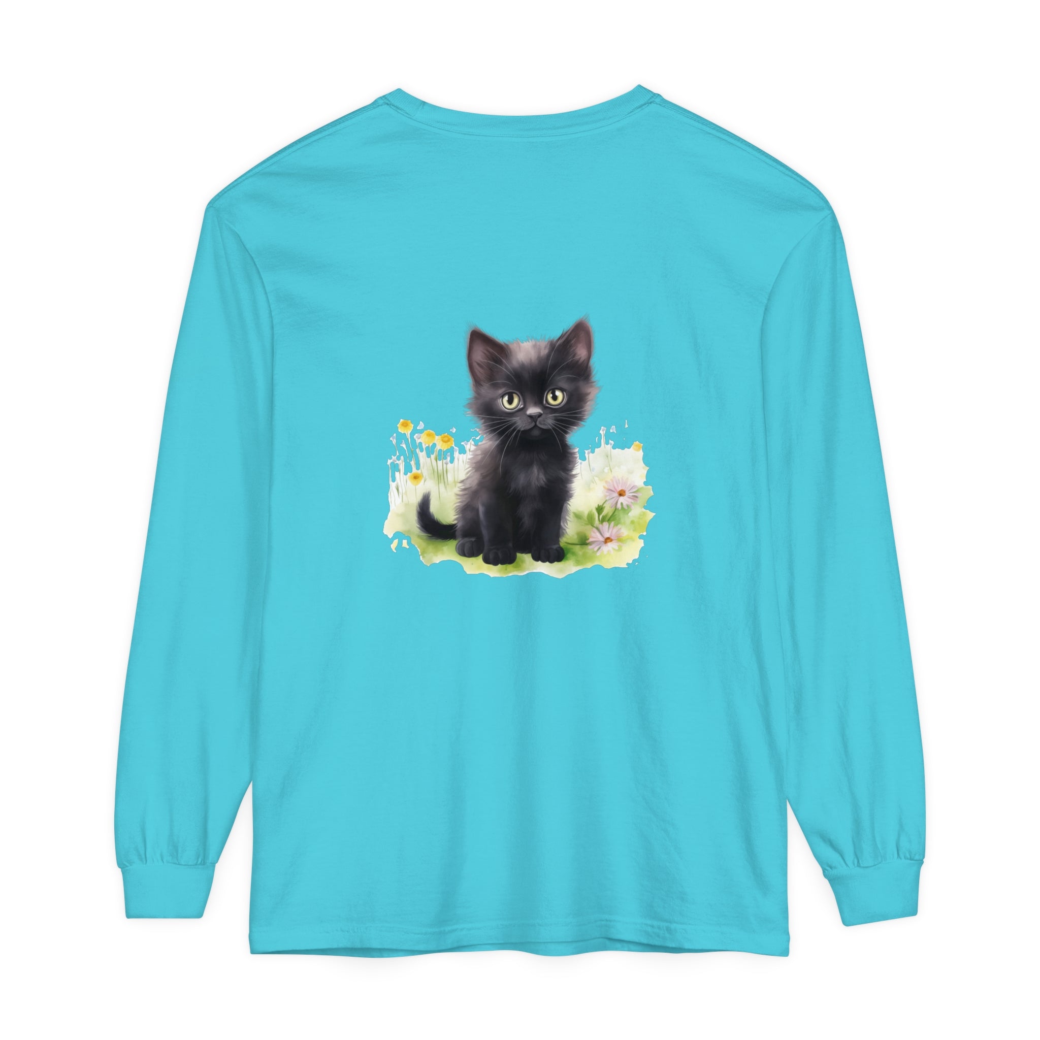 A black kitten sitting in a colorful flower garden, printed on a long sleeve t-shirt
