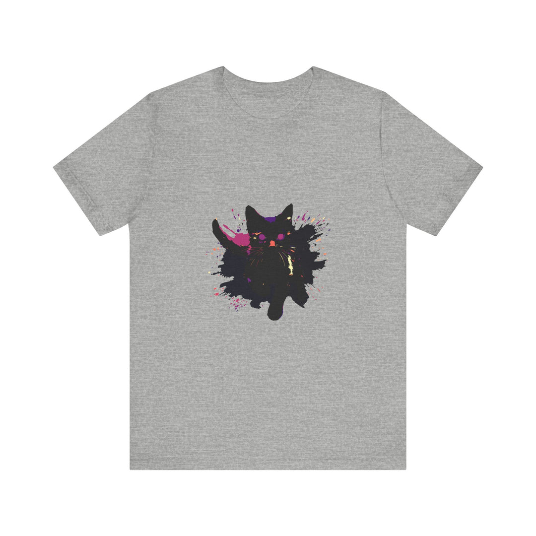 Black Cat Mystery T-Shirt - Bold & Colorful: A vibrant, eye-catching graphic tee featuring a mysterious black cat design on a black background