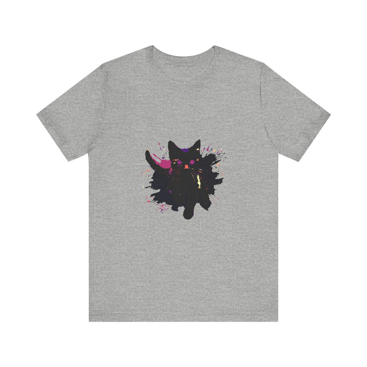 Black Cat Mystery T-Shirt - Bold & Colorful: A vibrant, eye-catching graphic tee featuring a mysterious black cat design on a black background