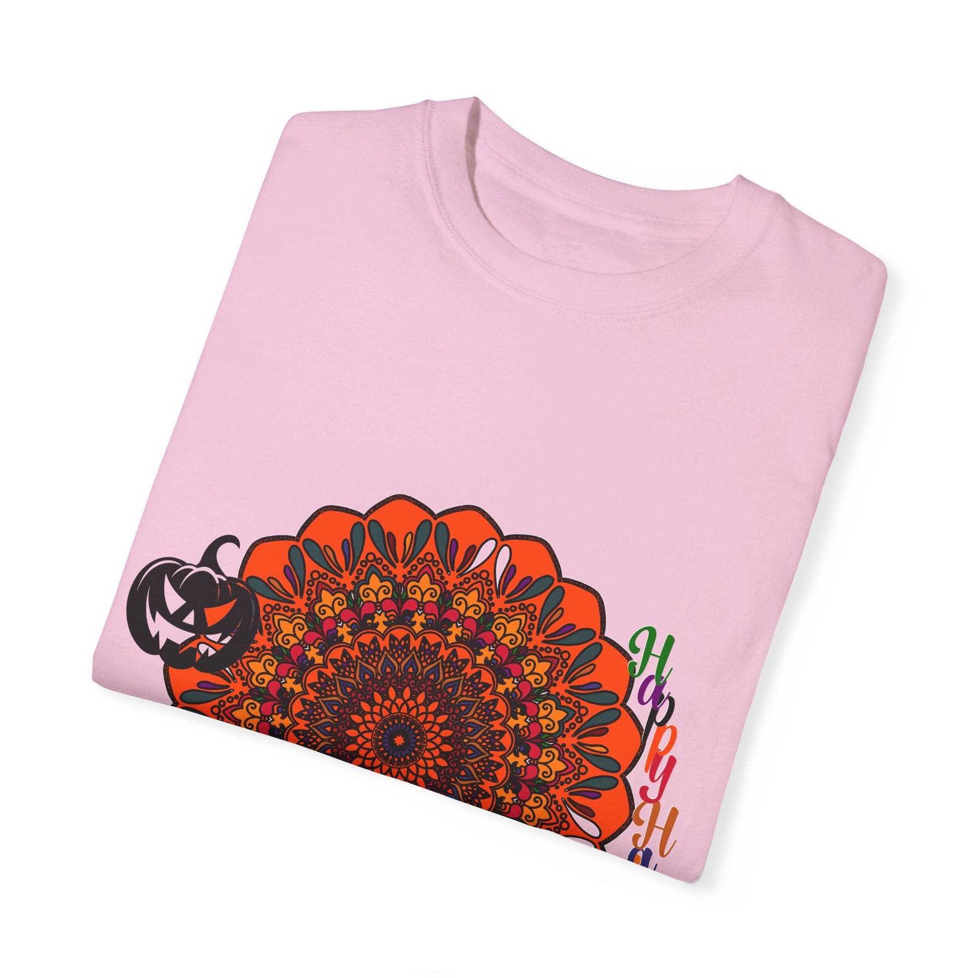 Handmade unisex Halloween mandala T-shirt featuring pumpkin mandala art on a garment-dyed tee