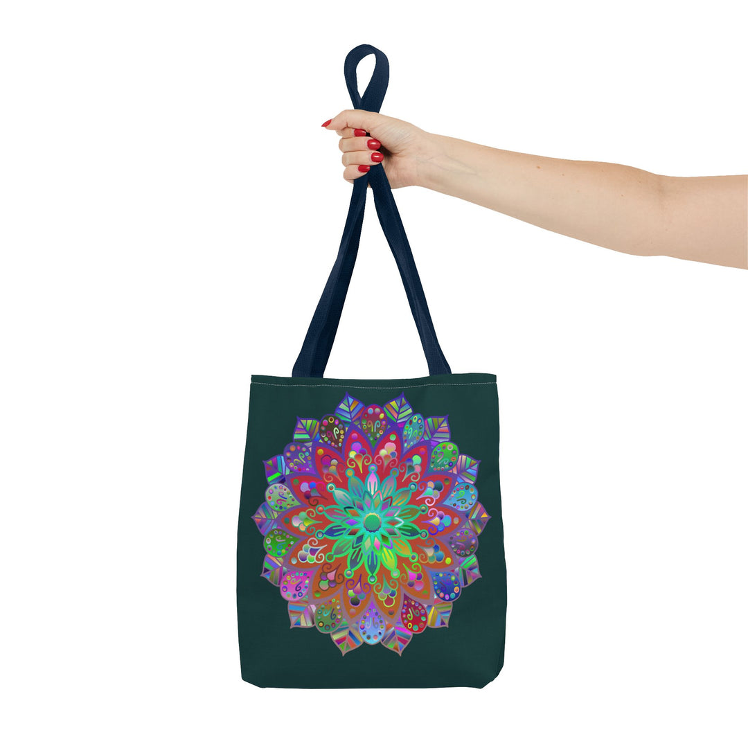 Dark green tote bag featuring an eye-catching and intricate mandala print