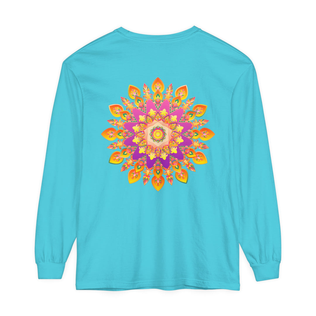 Vibrant Mandala Unisex Long Sleeve T-Shirt featuring a colorful and intricate mandala design on a comfortable, high-quality cotton long sleeve shirt