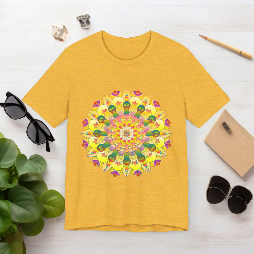 A beautiful and colorful mandala tee with intricate designs symbolizing spiritual peace and harmony