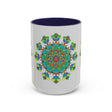 Colorful mandala art design on a ceramic mug, featuring vibrant hues on a sleek grey background