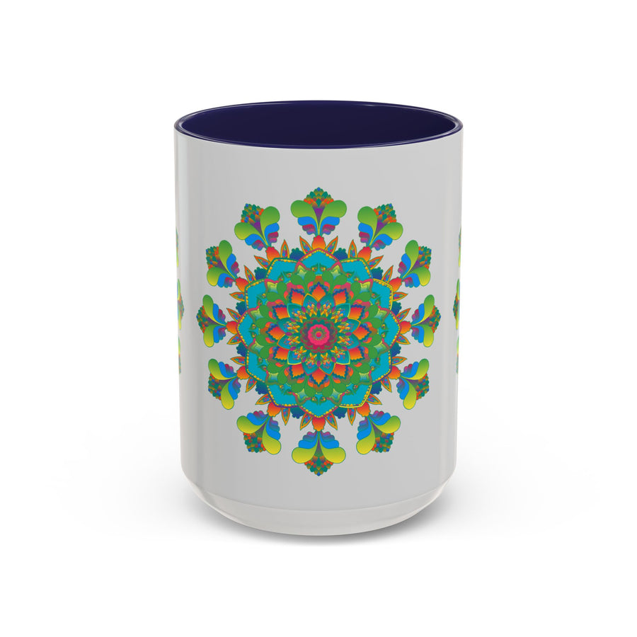 Colorful mandala art design on a ceramic mug, featuring vibrant hues on a sleek grey background