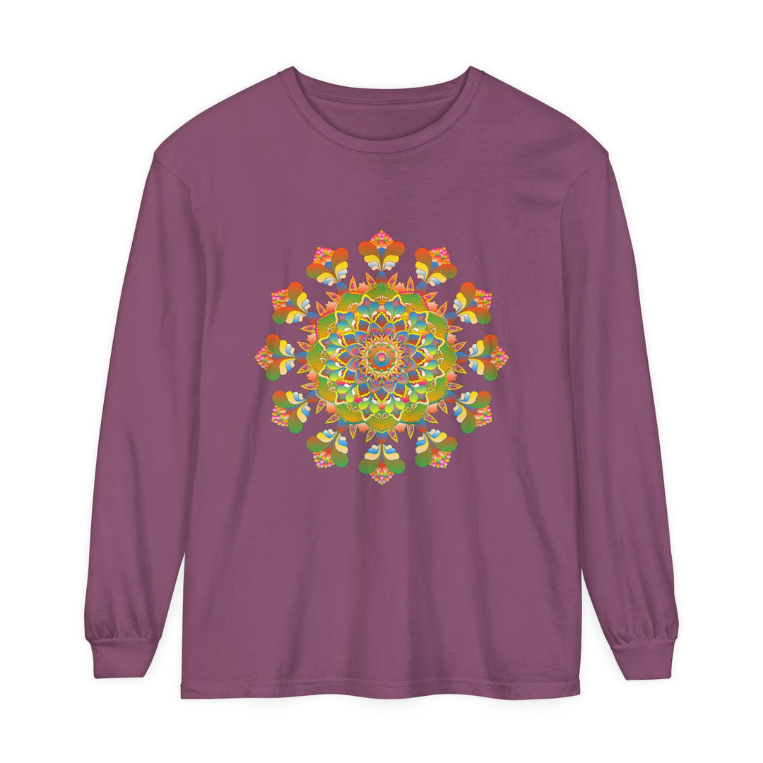 Vibrant Mandala Long Sleeve T-Shirt featuring colorful, intricate art design