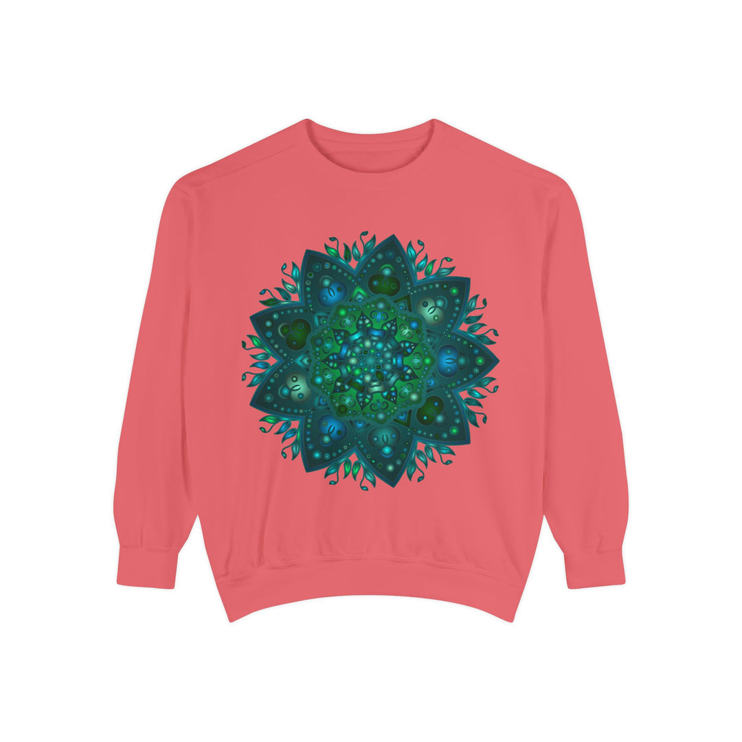 Teal and blue mandala sweatshirt with intricate design, perfect for stylish and comfortable wear during chilly days