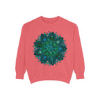 Teal and blue mandala sweatshirt with intricate design, perfect for stylish and comfortable wear during chilly days