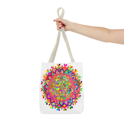 Vibrant and intricate mandala art tote bag with colorful and eye-catching design, perfect for carrying your essentials in style