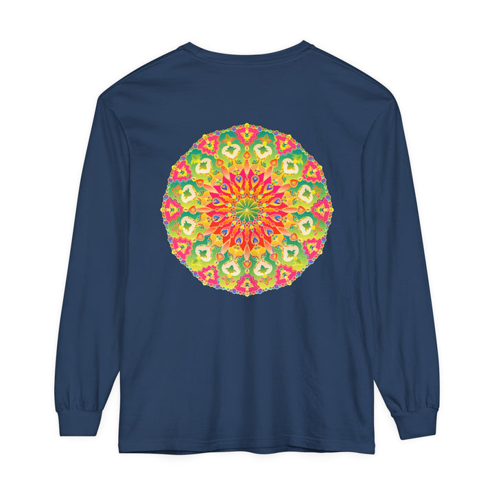 Colorful long sleeve t-shirt featuring an intricate mandala design in vibrant colors