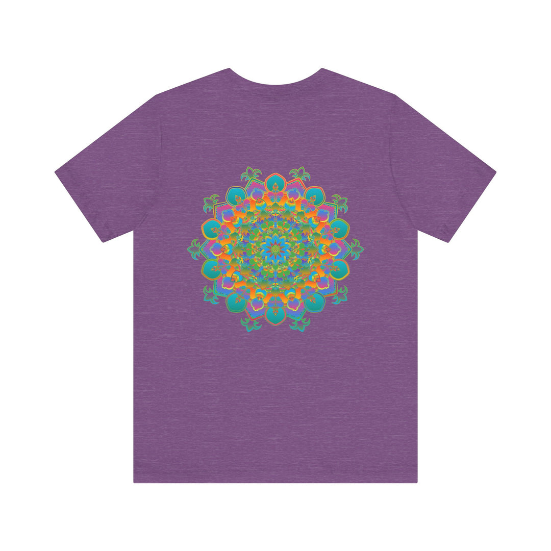 A close-up image of a vibrant mandala tee, featuring intricate spiritual designs symbolizing peace and harmony