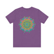 A close-up image of a vibrant mandala tee, featuring intricate spiritual designs symbolizing peace and harmony