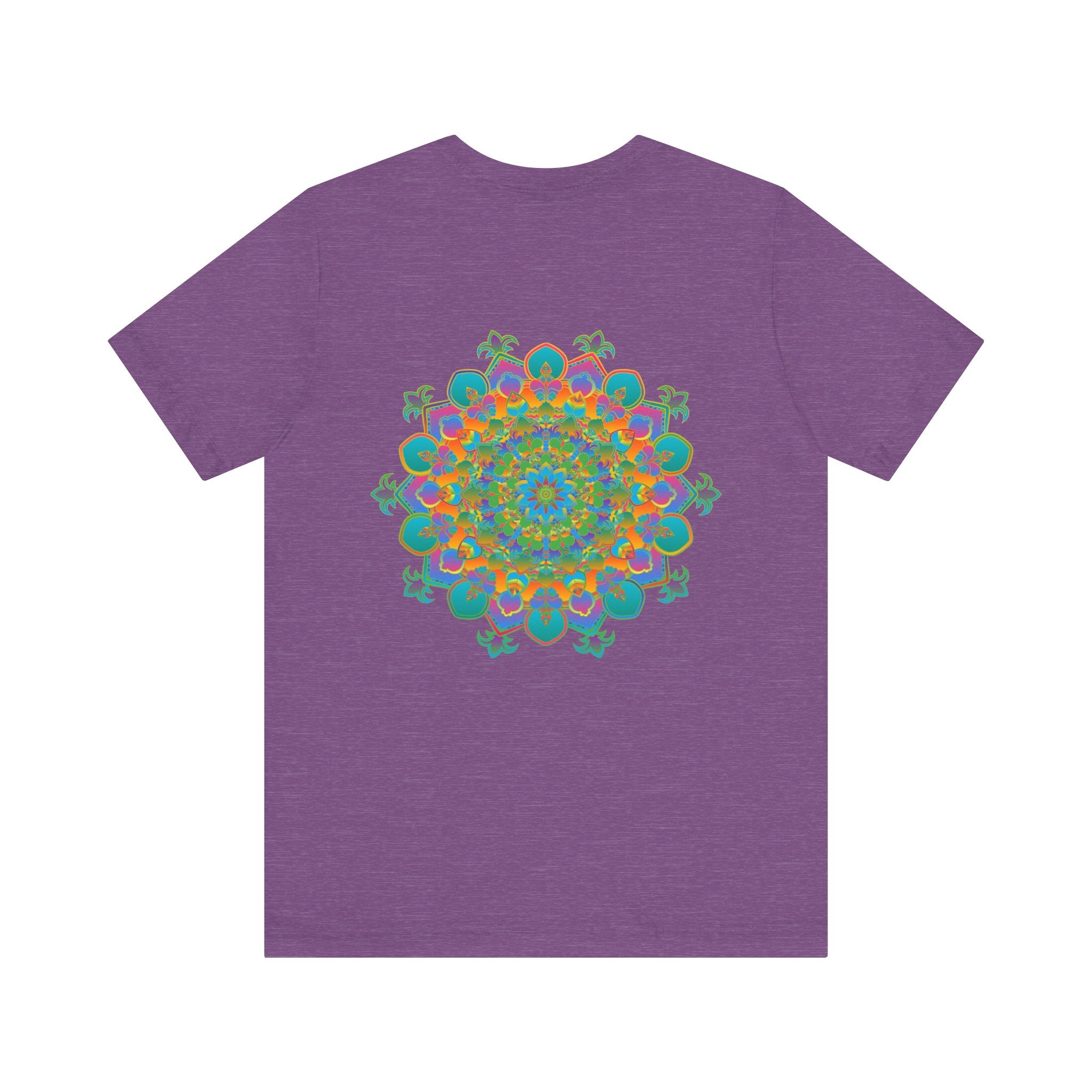 A close-up image of a vibrant mandala tee, featuring intricate spiritual designs symbolizing peace and harmony