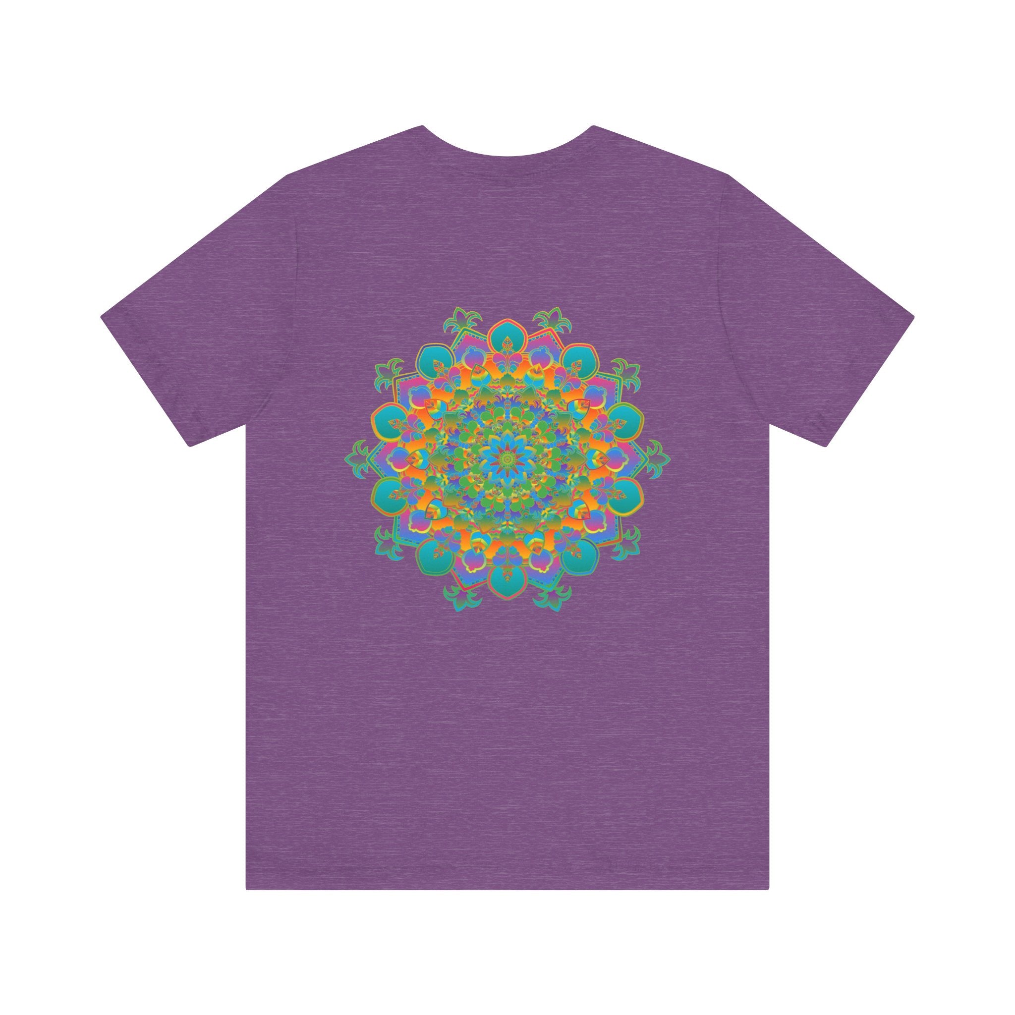 A close-up image of a vibrant mandala tee, featuring intricate spiritual designs symbolizing peace and harmony