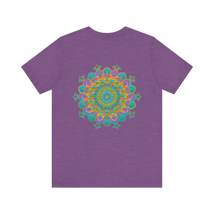 A close-up image of a vibrant mandala tee, featuring intricate spiritual designs symbolizing peace and harmony