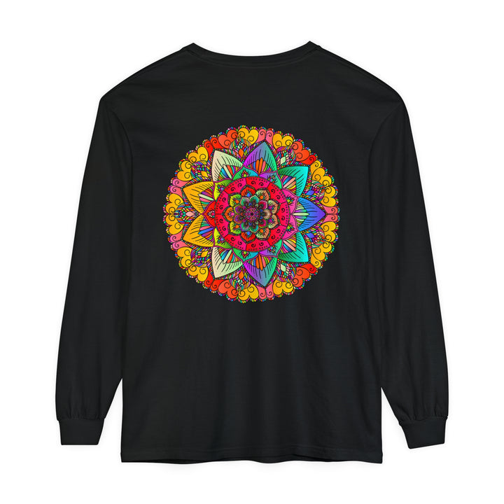 A colorful and intricate mandala design adorns a unisex long sleeve t-shirt