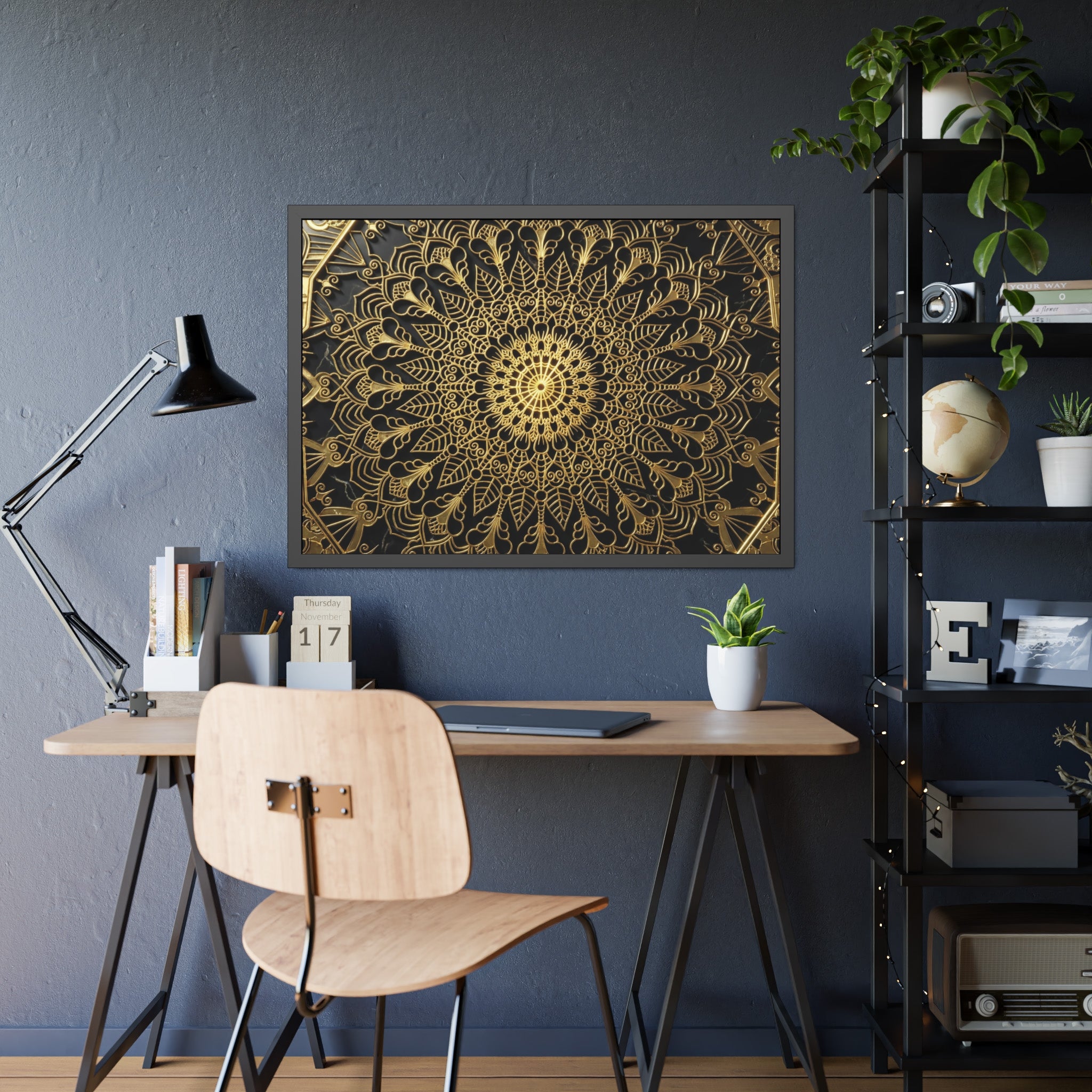 Majestätische Stille – Schwarz-Gold Luxus-Poster mit Rahmen