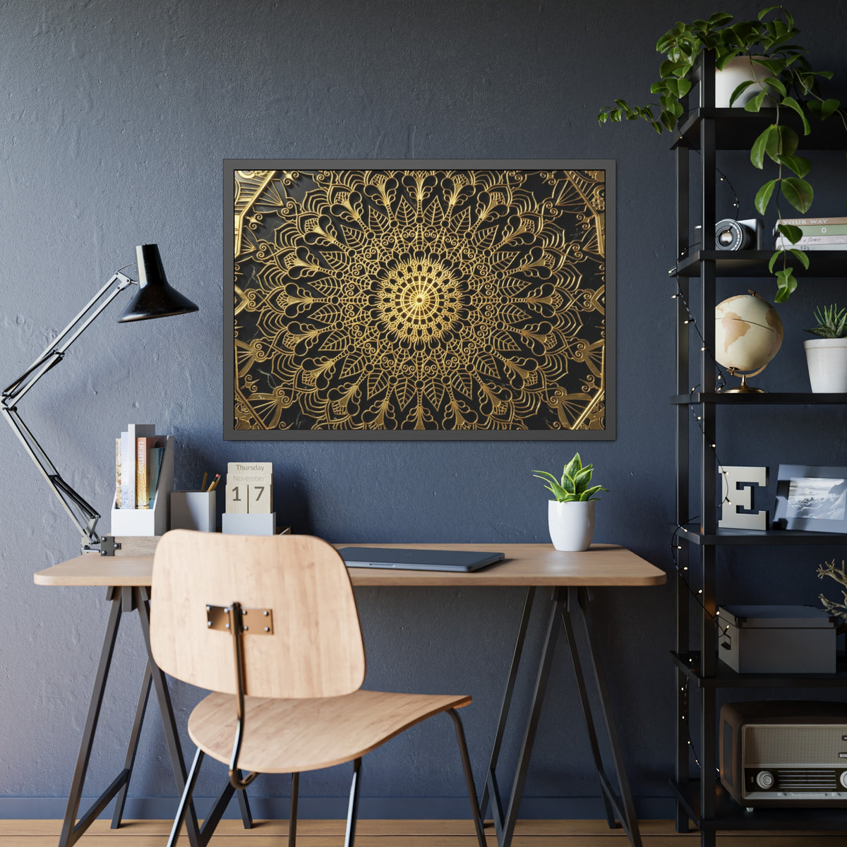 Majestätische Stille – Schwarz-Gold Luxus-Poster mit Rahmen