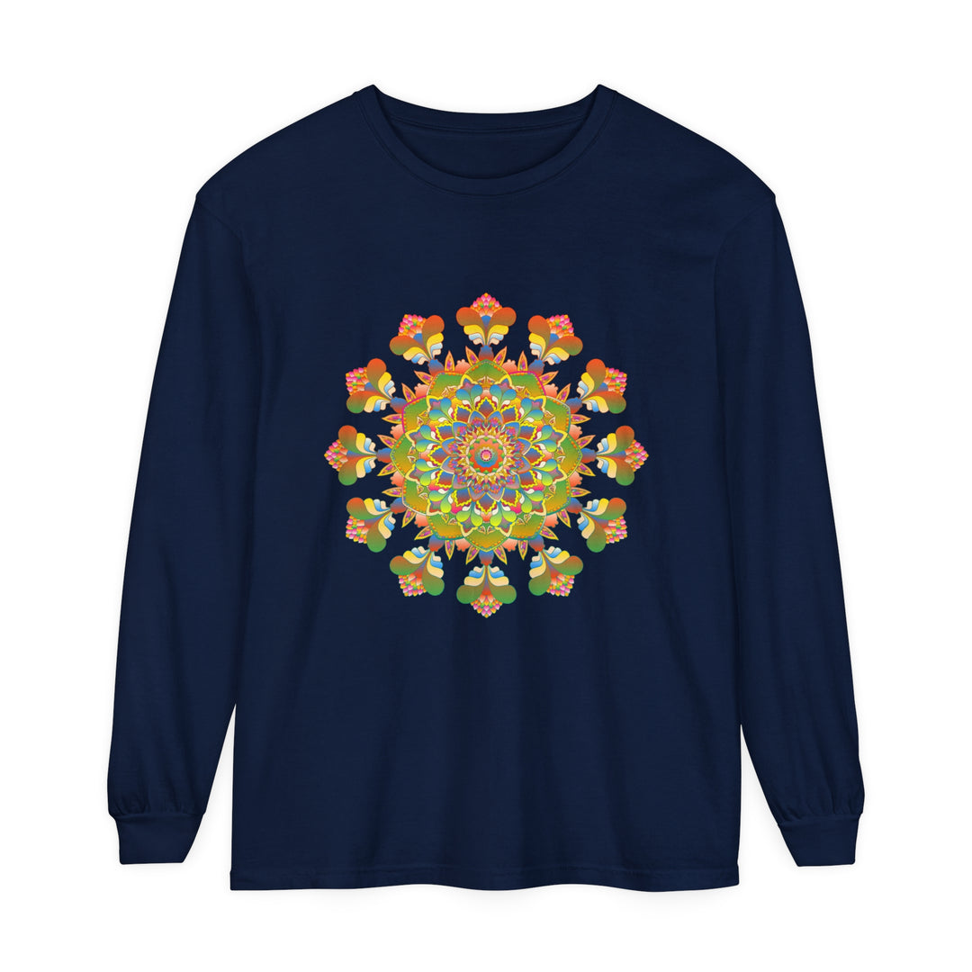 Vibrant Mandala Long Sleeve T-Shirt showcasing colorful and intricate art design