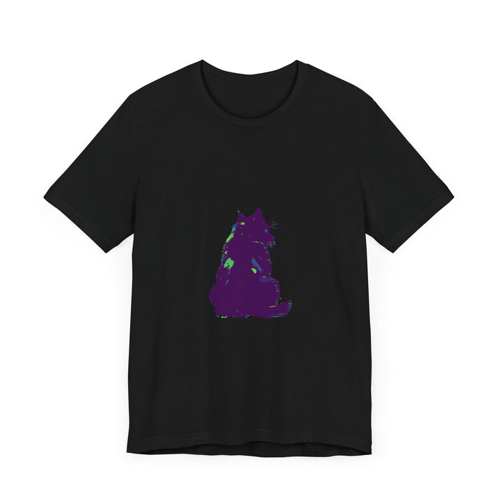 A close-up image of a black cat mystery colorful silhouette t-shirt with a vibrant and eye-catching design