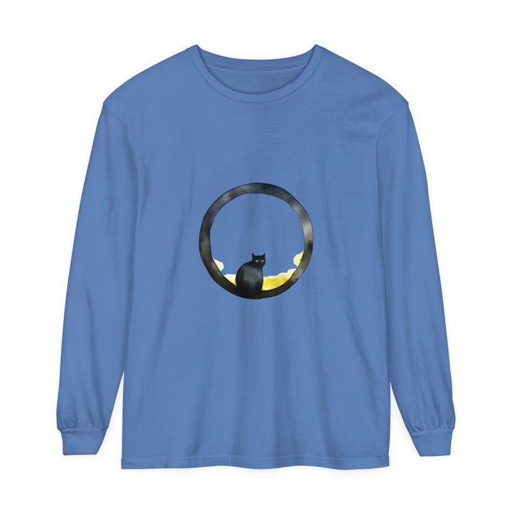 Black Cat Moon Glow Long Sleeve T-Shirt with spooky moon and cat design on black fabric